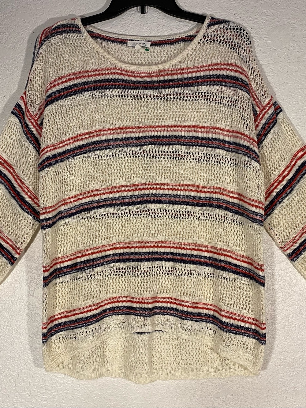 Maurices Cream Open-Knit Sweater with Red & Navy Stripes